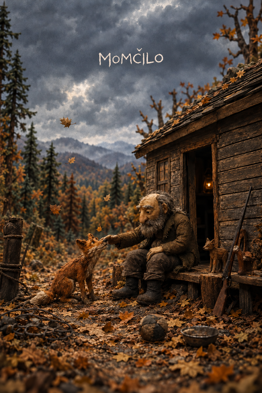 Momčilo film artwork: a man and a fox together outside a woodland cabin